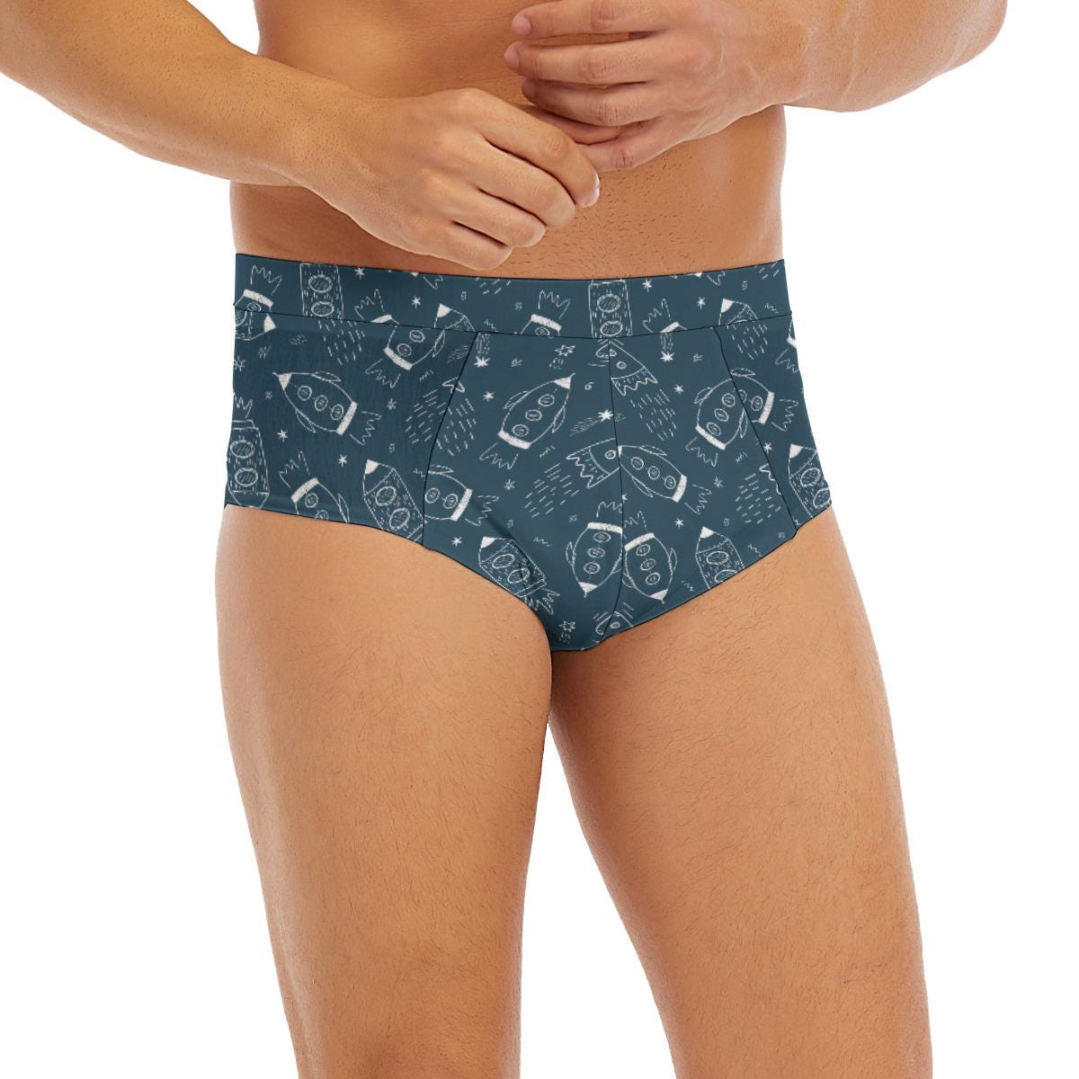 ABDL Rocket Print Men's Briefs, Low Rise Adult Baby Underwear, Cute Space Print Briefs, DL Lingerie, Comfy Stretch Underwear