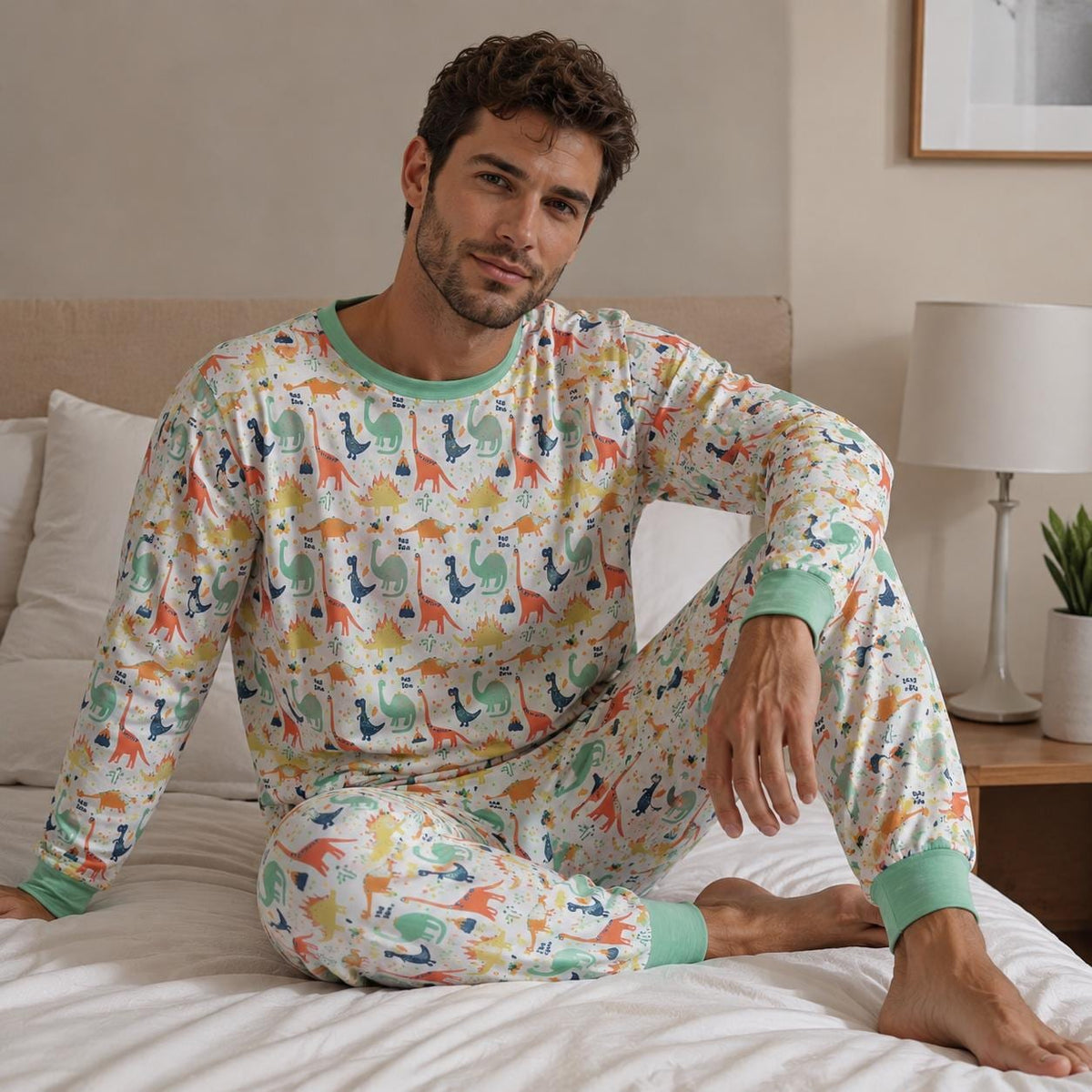 Man wearing full matching two-piece ABDL pajama set with head-to-toe colorful dinosaur and volcano print