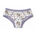 White 100% cotton adult briefs featuring a cute pattern of standing unicorns, rainbows, stars, hearts, and soft lavender-purple elastic trim.