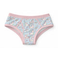 Light blue 100% cotton adult briefs featuring an all-over print of cute pastel unicorns hugging hearts, rainbows, and baby-pink elastic trim.