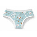Light blue 100% cotton adult briefs featuring an all-over celestial print of sleeping moons, ringed planets, terracotta stars, and white elastic trim.