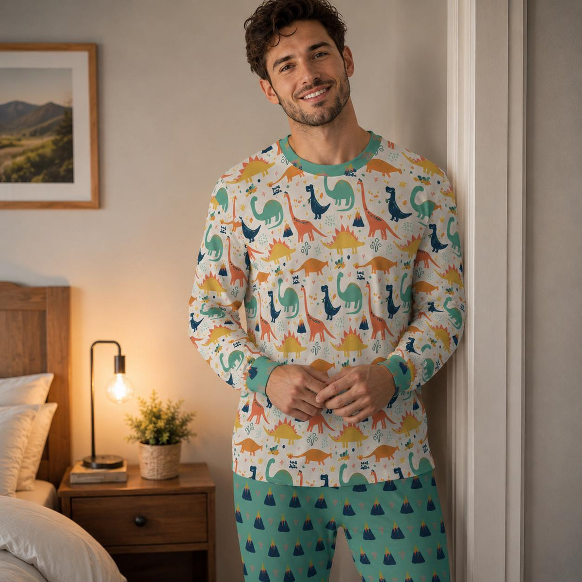 Man wearing two-piece ABDL pajama set with colorful long-neck dinosaur top and mint green volcano print pants