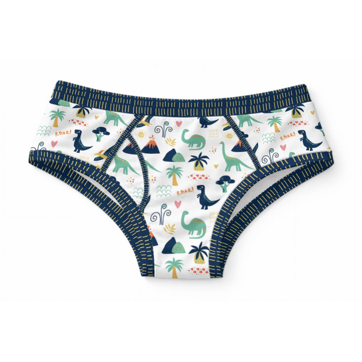 White 100% cotton adult briefs featuring an all-over pattern of navy and green dinosaurs, palm trees, volcanoes, ROAR text, and dark navy blue elastic trim.
