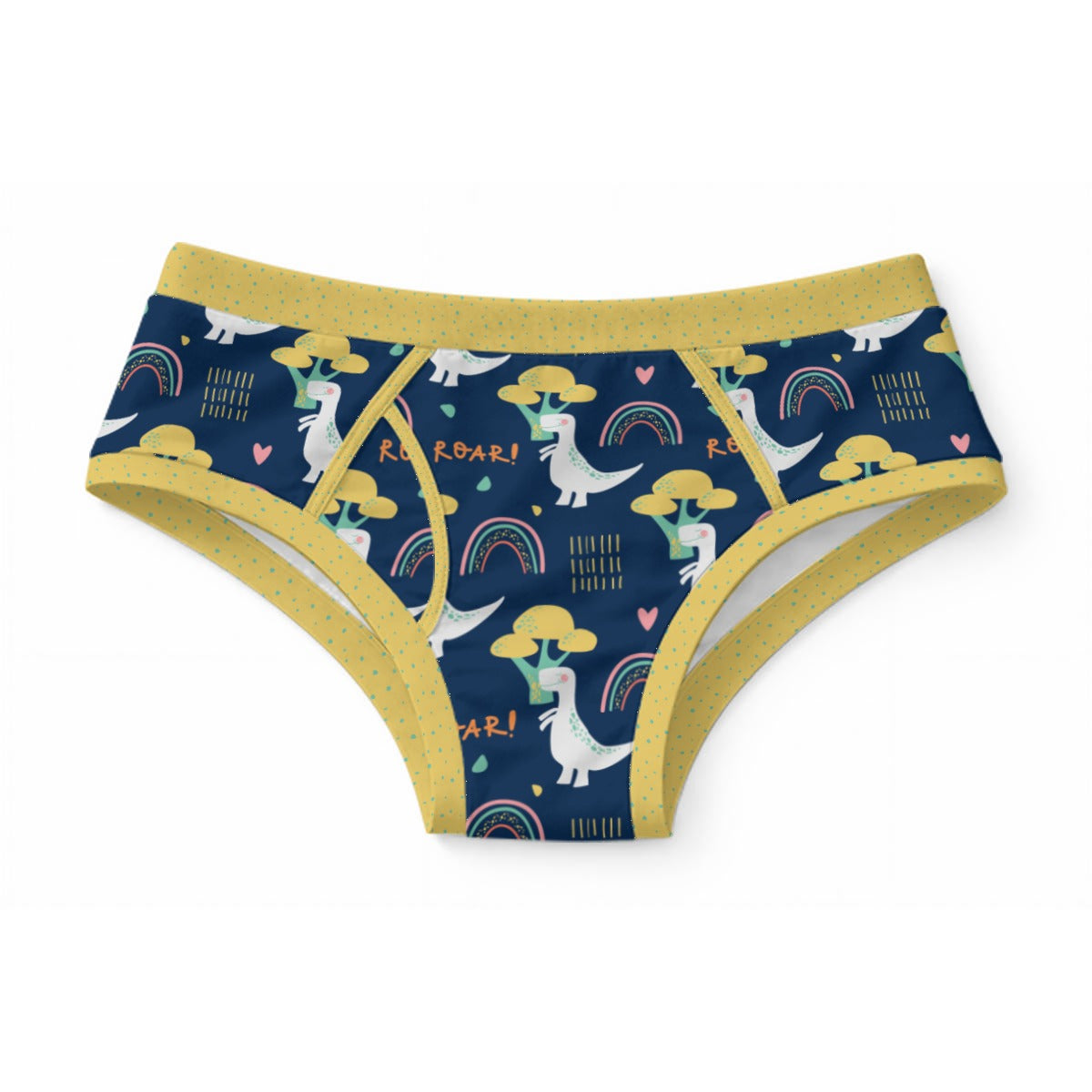 Dark navy blue 100% cotton adult briefs featuring an all-over print of white dinosaurs hugging trees, rainbows, ROAR text, and mustard yellow polka-dotted elastic trim.
