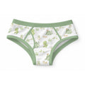 White 100% cotton adult briefs featuring an all-over watercolor pattern of sage-green baby dinosaurs, hatching eggs, ferns, and sage-green elastic trim.