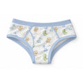 White 100% cotton adult briefs featuring an all-over watercolor print of baby blue, green, and beige dinosaurs with soft sky-blue elastic trim.