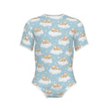 Short-sleeve light blue adult onesie with white trim featuring a pattern of teddy bears sleeping on white fluffy clouds, tiny stars, and hearts.