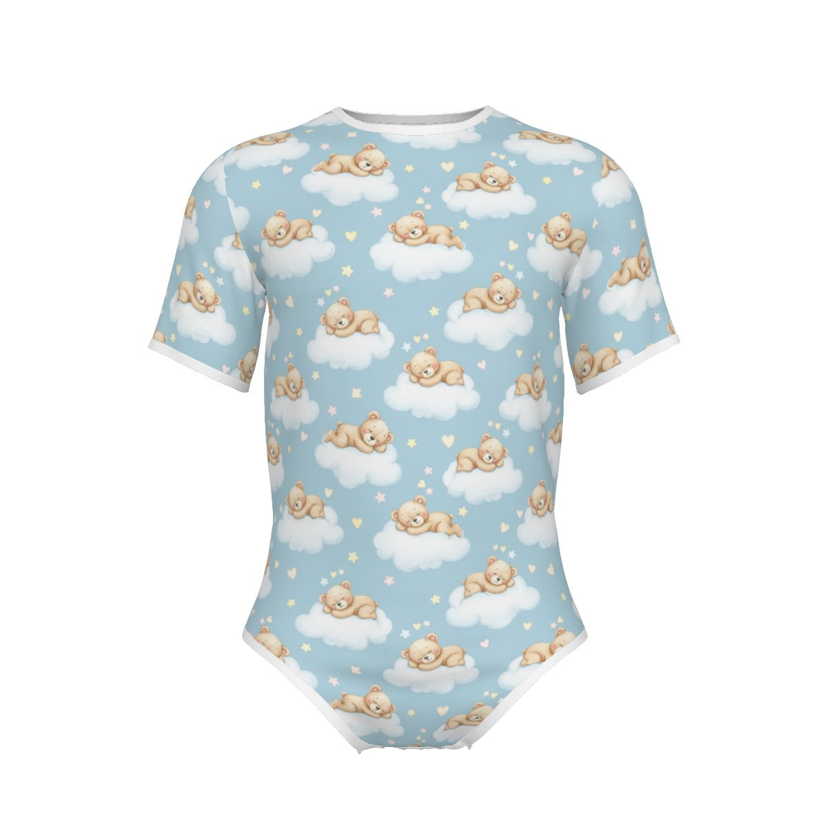 Short-sleeve light blue adult onesie with white trim featuring a pattern of teddy bears sleeping on white fluffy clouds, tiny stars, and hearts.