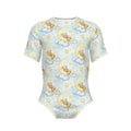 Short-sleeve light blue adult onesie with white trim featuring a pattern of sleeping teddy bears on crescent moons, blue clouds, and stars.
