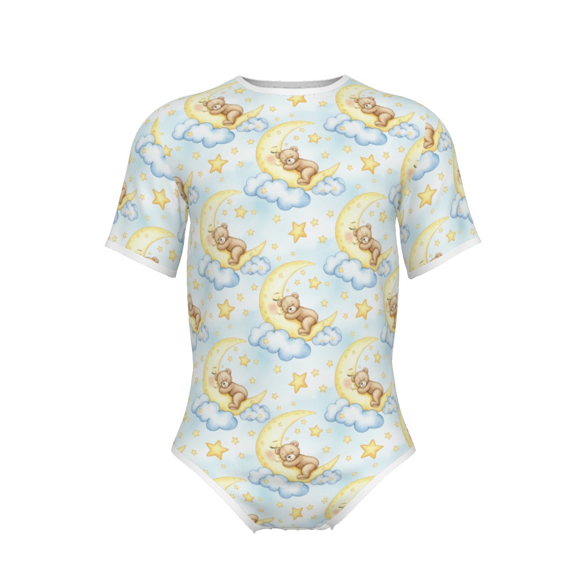 Short-sleeve light blue adult onesie with white trim featuring a pattern of sleeping teddy bears on crescent moons, blue clouds, and stars.