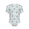 Short-sleeve light blue adult onesie with white trim featuring a pattern of teddy bears in plaid pajamas sitting on white clouds with pink hearts and stars.