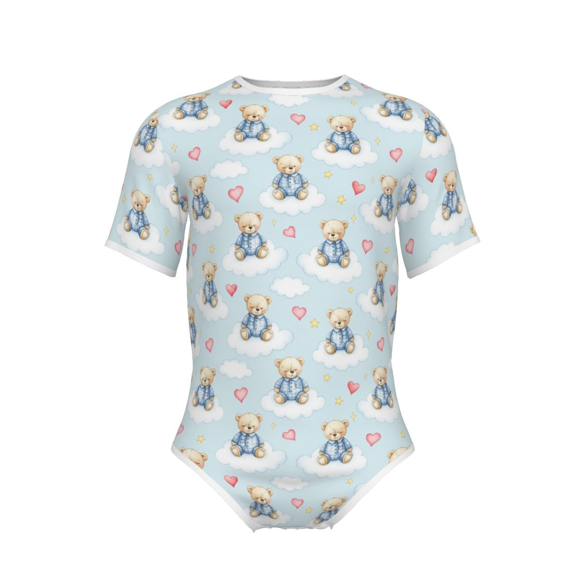 Short-sleeve light blue adult onesie with white trim featuring a pattern of teddy bears in plaid pajamas sitting on white clouds with pink hearts and stars.