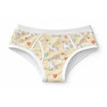 Soft pastel yellow 100% cotton adult briefs featuring an all-over print of white unicorns on clouds, rainbows, red hearts, and white elastic trim.