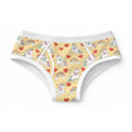 Warm yellow 100% cotton adult briefs featuring an all-over print of white winged pegasus unicorns, rainbows, red hearts, and clean white elastic trim.